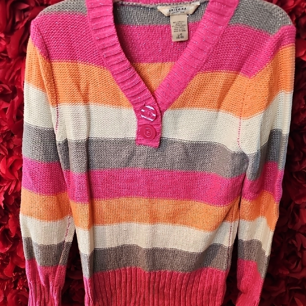 Arizona Jean Company Women's Striped V-Neck Sweater - Pink, Orange, Gray